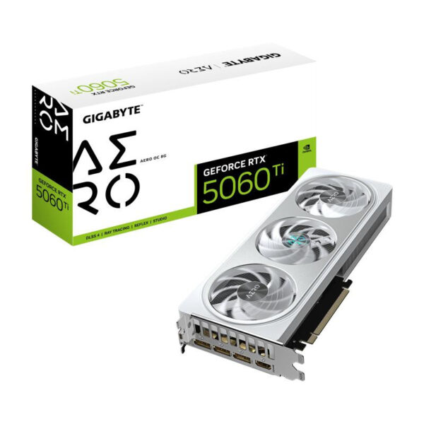 GIGABYTE GeForce RTX 5060 Ti AERO OC 8G Carte Graphique ? 8 Go GDDR7. 128 bits. PCI-E 5.0. 2647 MHz Fréquence du processeur. 3 x DisplayPort. 1 x HDMI. GV-N506TAERO OC-8GD